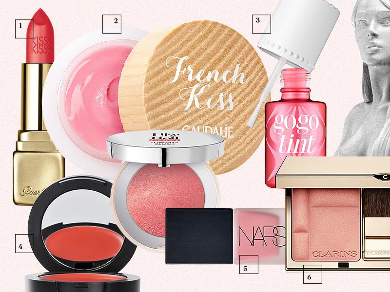  Увлажняющая матовая помада KissKiss Matte (оттенок M348) Guerlain Бальзам для губ French Kiss (оттенок Innocence) Caudalie Тинт для губ и щек GoGo Tint, Benefit Кремовые румяна Shiny Peach, Romanovamakeup Румяна Like A Doll Luminys Blush, Pupa Жидкие румяна Orgasm, NARS Компактные румяна Blush Prodige (оттенок 09), Clarins 